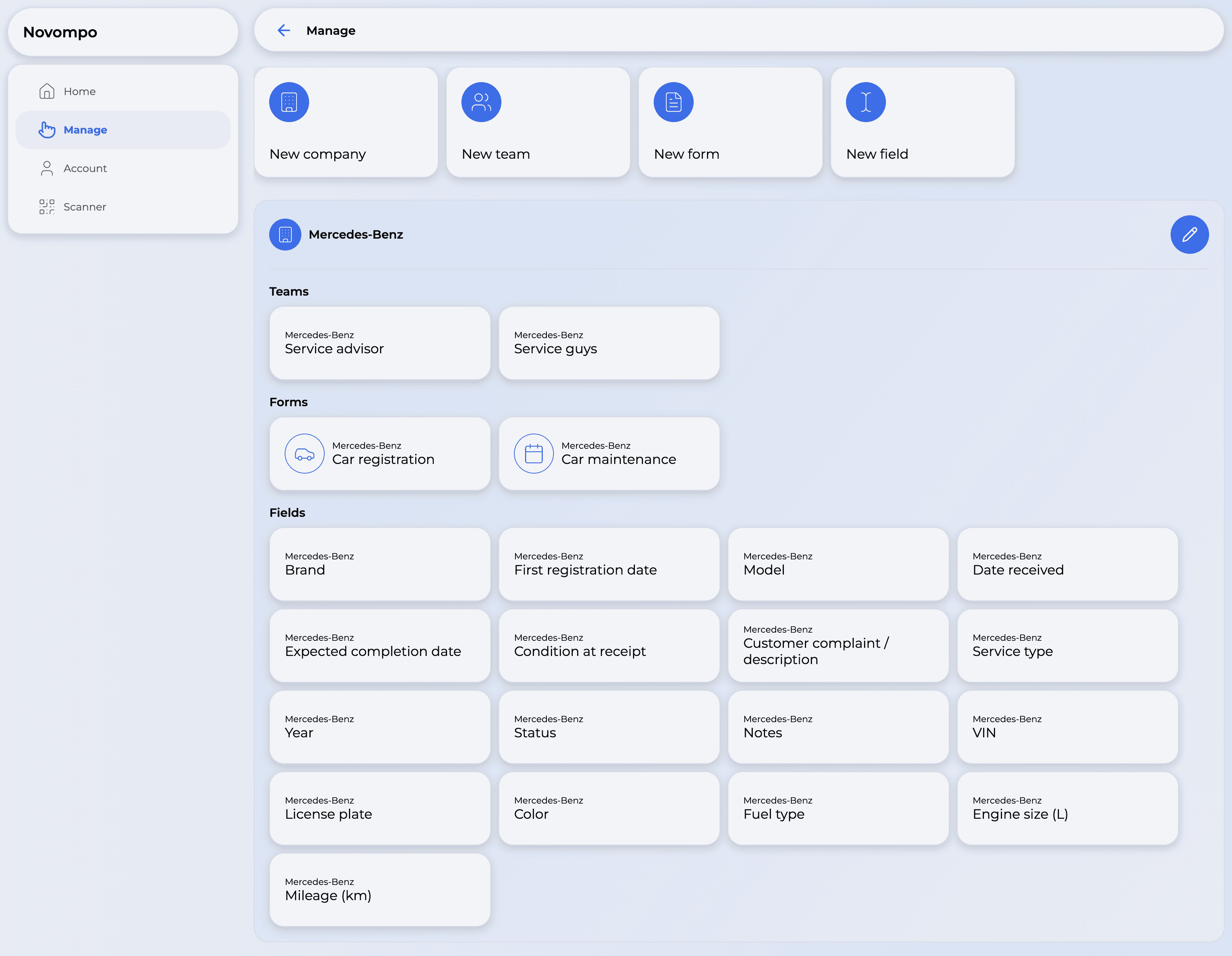 Novompo Manage page screenshot